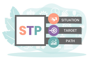 STP - situation target path. business concept background. vector illustration concept with keywords and icons. lettering illustration with icons for web banner, flyer, landing page, presentation