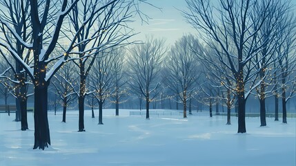 夕暮れの幻想的な雪の公園