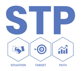 STP - situation target path. business concept background. vector illustration concept with keywords and icons. lettering illustration with icons for web banner, flyer, landing page, presentation