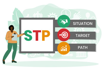 STP - situation target path. business concept background. vector illustration concept with keywords and icons. lettering illustration with icons for web banner, flyer, landing page, presentation