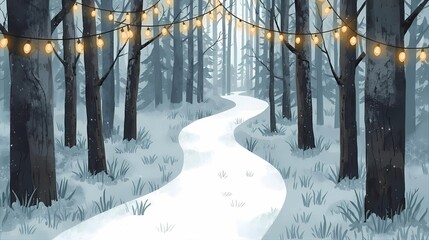 フェアリーライトと雪の森の小道