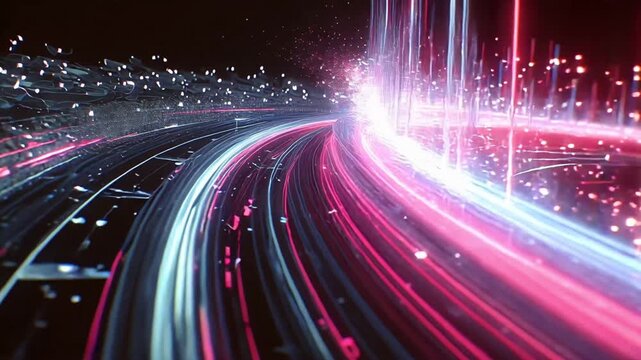Video of neon glowing curved lines in ultra macro motion with futuristic cyber glitch effect.
