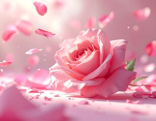 A beautifully illuminated pink rose with scattered falling petals