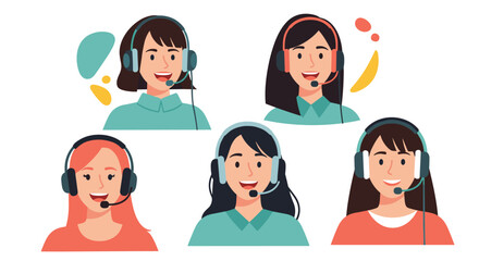 Diverse group of smiling female call center agents or customer support representatives wearing headsets, ready to assist clients.