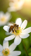 A bee gathers pollen from a delicate white flower