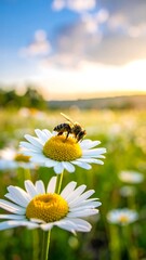 A bee gathers pollen on a daisy against a backdrop of wildflowers at sunset