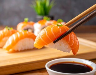 Fresh sushi nigiri being picked up with chopsticks, sauce on the side