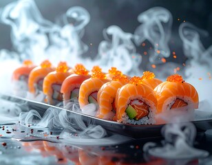 Fresh sushi rolls, salmon-topped, with decorative mist, presented nicely