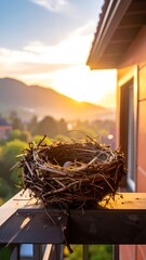 A bird's nest with an egg set on a balcony with a sunset view