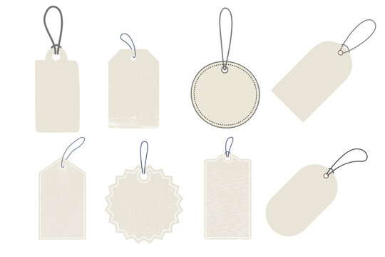 Collection of blank price tags and labels in multiple shapes like square, circle, and diamond with metal eyelets isolated on a white background for retail and marketing.