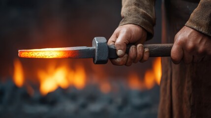 Blacksmith Holding Tongs with Glowing Iron in Forge, Traditional Crafting Technique, Artisanal Tools, and Fiery Background, Capturing Work Ethos