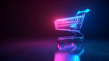A neon shopping cart glows in the dark, symbolizing online shopping and ecommerce trends in retail