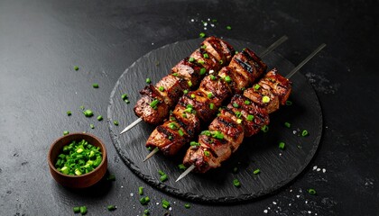 Grilled Glazed Meat Skewers (Shashlik) Served on Black Slate with Chopped Green Onions