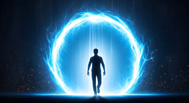 A lone figure's silhouette is seen entering a shimmering circular gateway. A cosmic teleportation portal glowing with intense blue light and energy