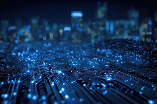 Digital cityscape with circuit board foreground, glowing lights, and out-of-focus skyline