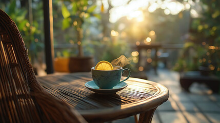Outdoor leisure time with light-blue lemon hot tea, woven chair, wooden table, sunlight and plants, warm cozy scene for design material