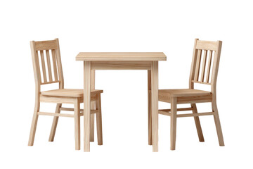 Simple wooden table and two chairs, light color, against black