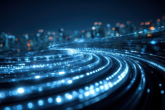 Abstract depiction of digital connectivity, luminous trails winding through a cityscape at night