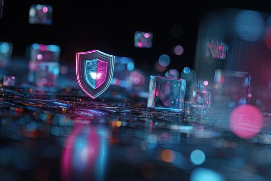 A futuristic 3D rendered shield surrounded by shimmering cubes and blurred bokeh effect - Powered by Adobe