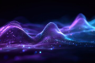 Abstract digital rendering of luminous purple and blue waveforms with bokeh against black backdrop
