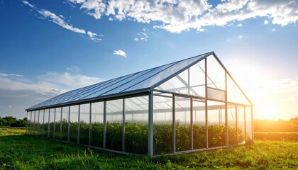 Fototapeta premium Sunny greenhouse with plants under blue sky with agriculture concept, and outdoor garden.
