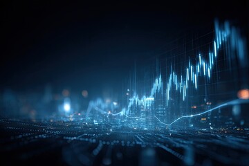 An abstract, digital depiction of a rising stock market chart against a dark backdrop