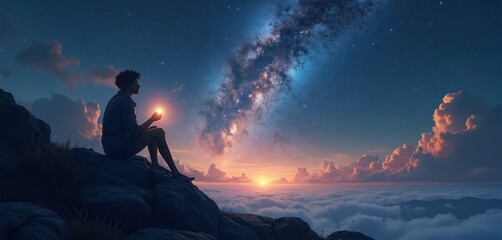 Obraz premium Silhouette of person looks at universe on hill. Human holds bright light in hands among space, stars and clouds. Sky looks fantastic, magical and dreamlike. This vision shows nature beauty.
