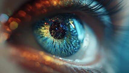 Macro of a human eye reflecting bright holographic work dashboard, emotion of calm awareness and mental clarity, hybrid work mental health