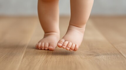 Small Baby Feet Stepping on a Wooden Floor, Early Walking Milestone Captured in a Cozy Indoor Setting