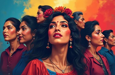 Fototapeta premium Diverse women from various generations proudly pose together. Faces reflect beauty, strength, rich cultural heritage. Vibrant colors highlight identity, unity, tradition in digital illustration of