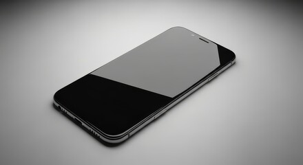A sleek smartphone with a black screen resting on a minimalist white surface in a studio setting