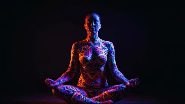 Meditating figure with body art in colorful light