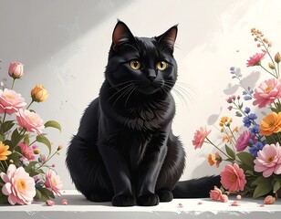 A black cat sits regally amid colorful flowers against a soft white backdrop