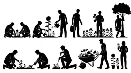 People planting and watering flowers silhouette pictogram with garden tools and plants, cooperative peaceful scene, minimal vector illustration