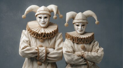 Traditional Pierrot Costumes and Masks Captured in Elegant Theatrical Display with Classic Touch and Intricate Details in Soft Lighting