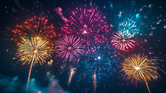 Spectacular fireworks light up the night sky with a dazzling array of colors and patterns, creating a festive scene - Powered by Adobe