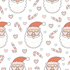 Retro Groovy Santa Claus Seamless Pattern. Merry Christmas Print. Cartoon Holiday Background