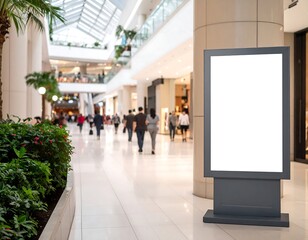 A blank advertisement display in a brightly lit shopping mall, with blurred people