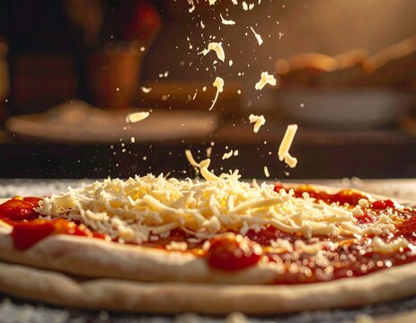 Close-up of shredded mozzarella cheese being generously sprinkled over a homemade pizza base with vibrant tomato sauce, capturing the delicious preparation of a classic Italian meal