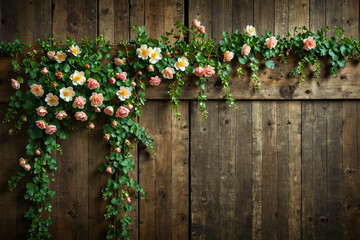 Rustic blossom wall with wild roses and ivy climbing over aged wooden planks, warm vintage tone
