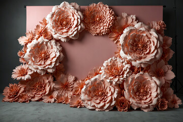 "Luxury fashion photoshoot backdrop made of oversized artificial blossoms in monochrome pink"