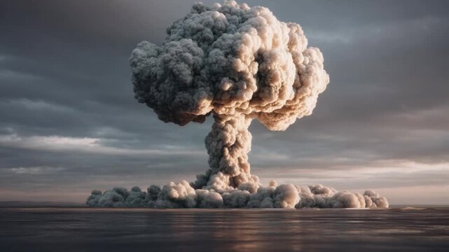 Apocalyptic Cloud: A colossal mushroom cloud rises ominously against a bleak sky, creating a chilling spectacle of environmental disaster and overwhelming power.