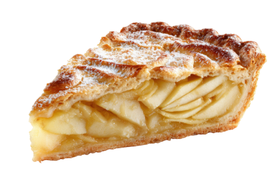 Apple pie slice with lattice crust and powdered sugar