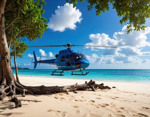 A blue helicopter hovers over a tropical beach, clear skies
