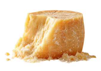 Chunk of aged cheese with crumbly texture, isolated