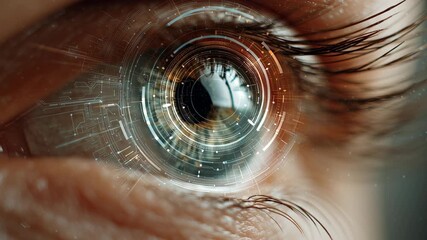 Digital therapist concept, close-up of eye reflecting virtual interface, calm lighting, blend of human empathy and artificial intelligence, ai driven mental health tools