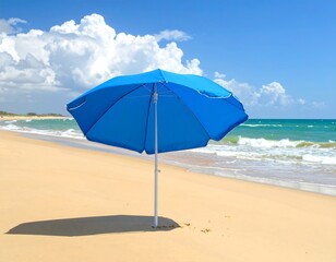 A blue parasol casting a shadow on a sunny sandy beach
