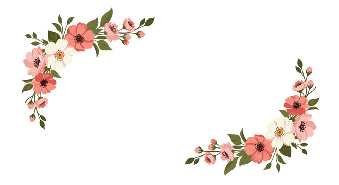 Delicate floral corner elements in coral, pink, and white with green leaves on a white background.