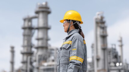 Safety Worker in Uniform Observing Machinery at a Refinery Site with Industrial Equipment in the Background