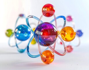 A transparent atom model with colorful spheres and orbit rings